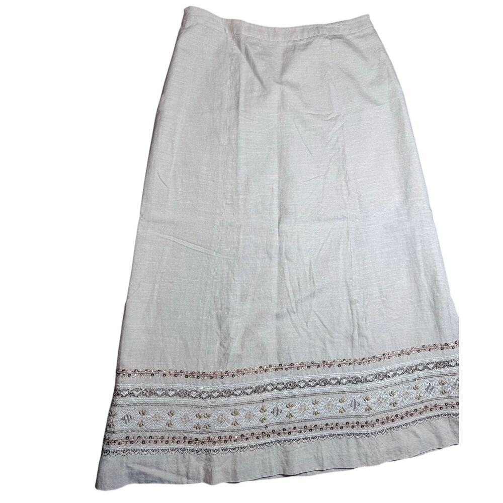 DUE PER DUE VINTAGE LINEN BEADED MIDI SKIRT SIZE 6 KHAKI - Picture 5 of 7